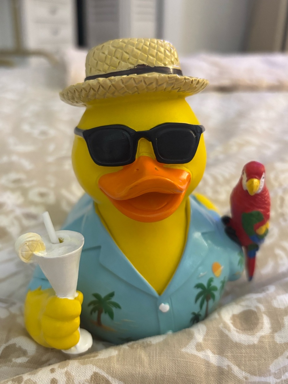 Tropical Vacation Resin Rubber Duck with Parrot - Jimmy Buffet Memorial Duck NEW